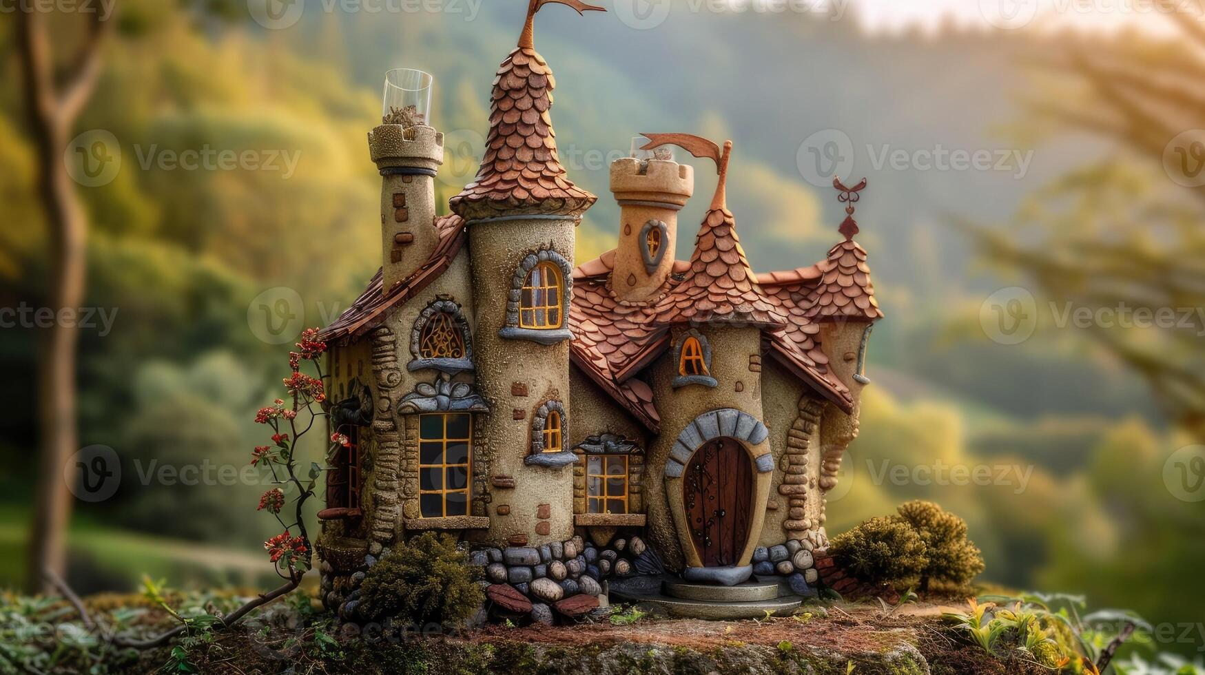 AI generated a small house cleverly designed to resemble a castle, nestled amidst rolling hills and surrounded by whimsical gardens, invoking a sense of fairy-tale charm. photo