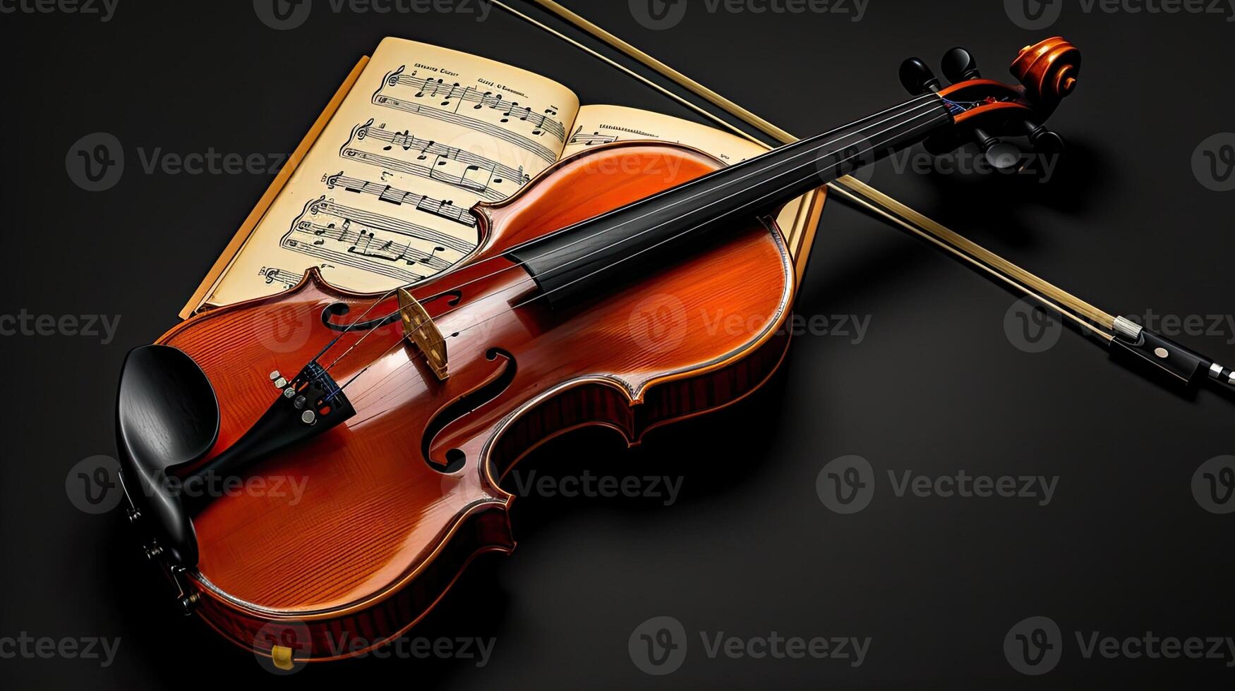 AI generated a violin accompanied by its bow and sheet music, elegantly poised on a black background, with clean lines and natural shadows enhancing its ultra-detailed craftsmanship. photo