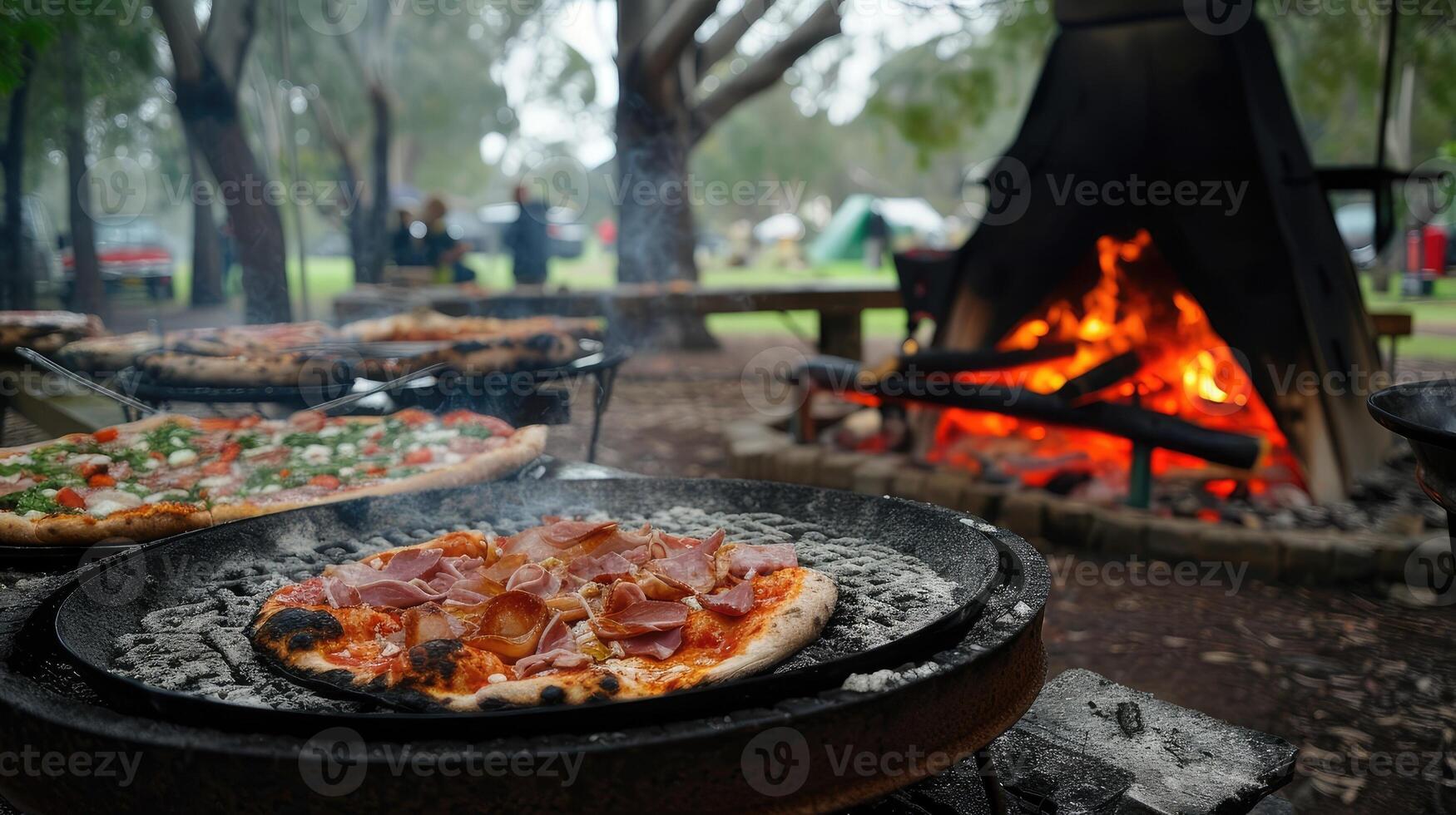 AI generated a sleek Webber grill sizzles with the aroma of pizza being expertly cooked in a picturesque park setting, evoking the ambiance of outdoor culinary delight and camaraderie. photo