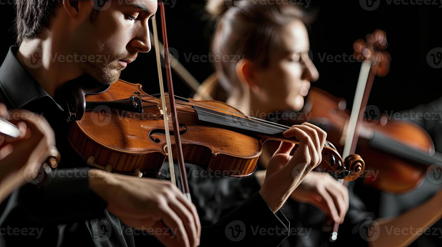 AI Generated a violin accompanied by its bow and sheet music, elegantly poised on a black background, with clean lines and natural shadows enhancing its ultra-detailed craftsmanship. photo