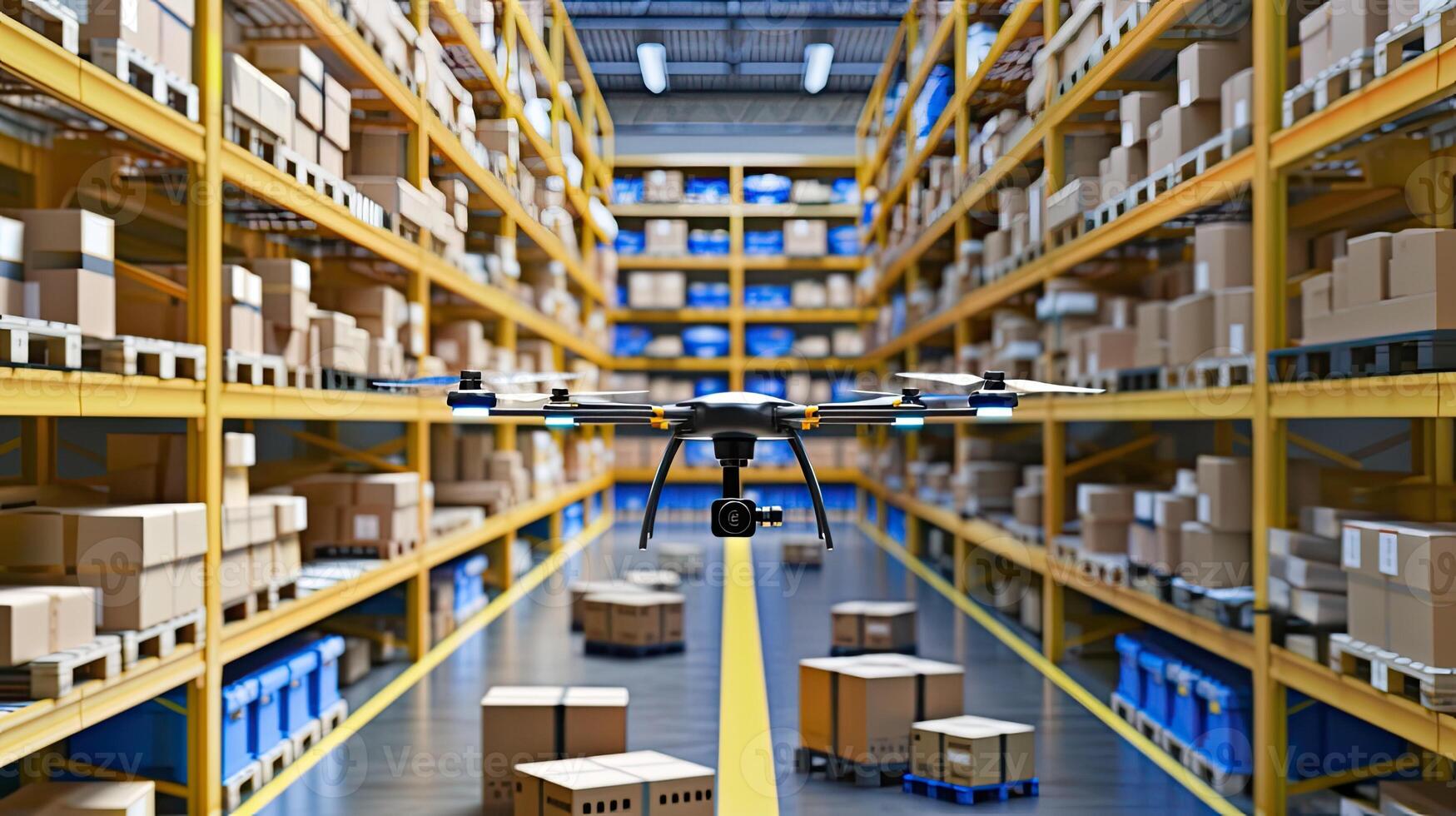 AI generated drones hovering over aisles in a warehouse, diligently scanning barcodes for precise inventory management, showcasing the seamless integration of technology into the supply chain. photo
