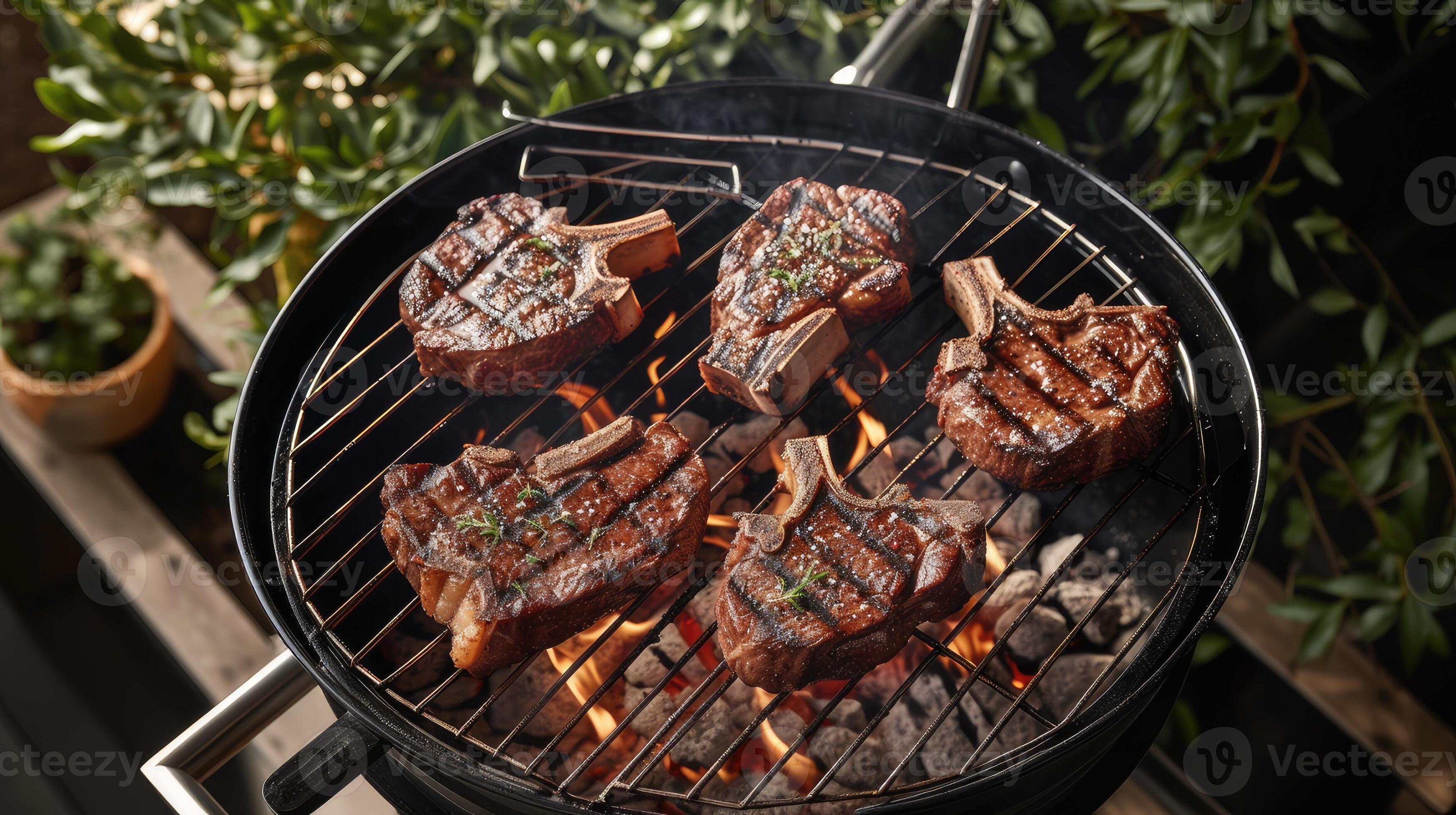 AI generated beef Tbone steaks grilling over hot BBQ coals, featuring