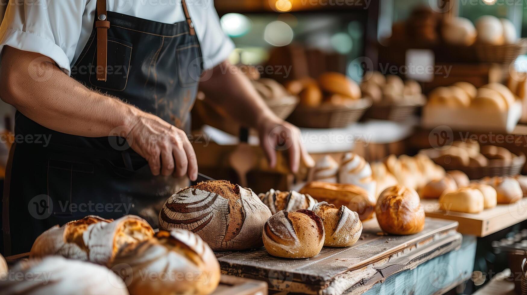 ai generado un pintoresco panadería, dónde artesanal un pan variedades son ingeniosamente arreglado en un rústico de madera encimera, tentador transeúntes con su delicioso aroma. foto