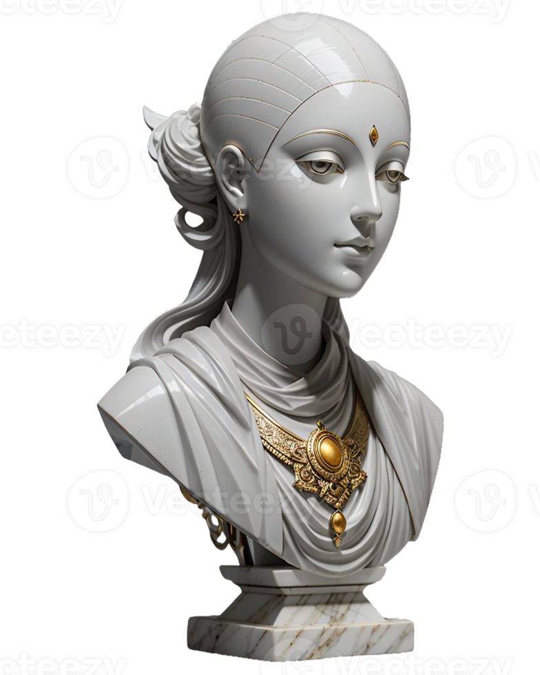 AI generated Gray bust of woman with beautiful gold jewelry isolated on PNG background.