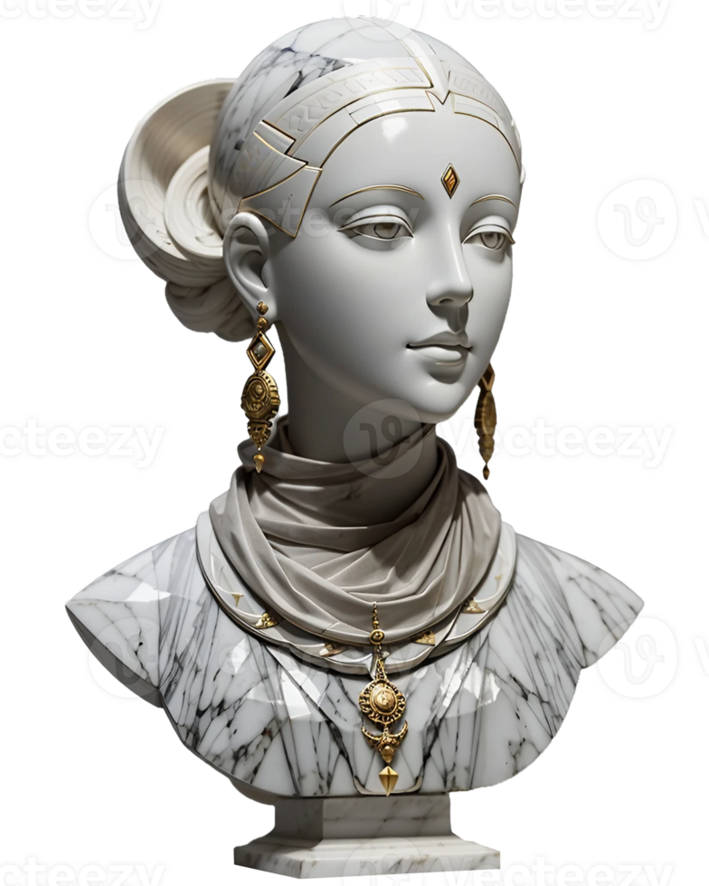 AI generated Gray bust of woman with beautiful gold jewelry isolated on PNG background.