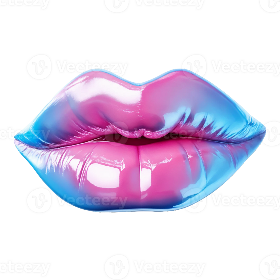 AI generated Lips iwith gradient of blue and pink, shiny lipstick, white teeth isolated on PNG background.