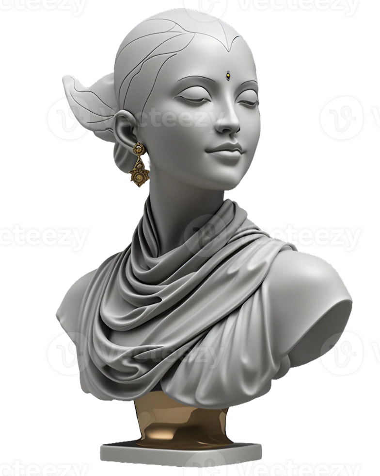 AI generated Gray bust of woman with beautiful gold jewelry isolated on PNG background.