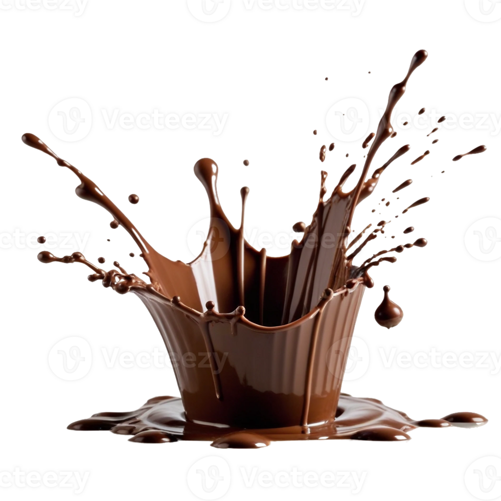 AI generated Chocolate splash, with chocolate drops flying in different directions isolated on PNG background.