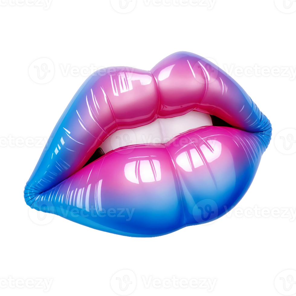 AI generated Lips iwith gradient of blue and pink, shiny lipstick, white teeth isolated on PNG background.