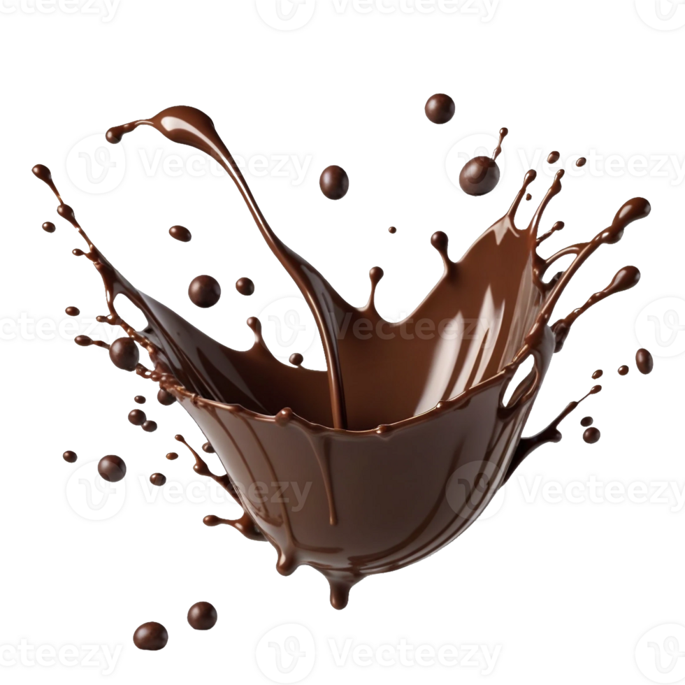 AI generated Chocolate splash, with chocolate drops flying in different directions isolated on PNG background.