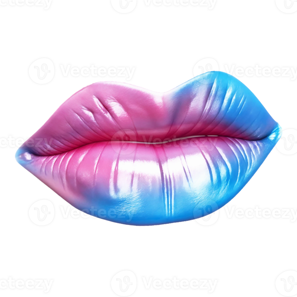 AI generated Lips iwith gradient of blue and pink, shiny lipstick, white teeth isolated on PNG background.