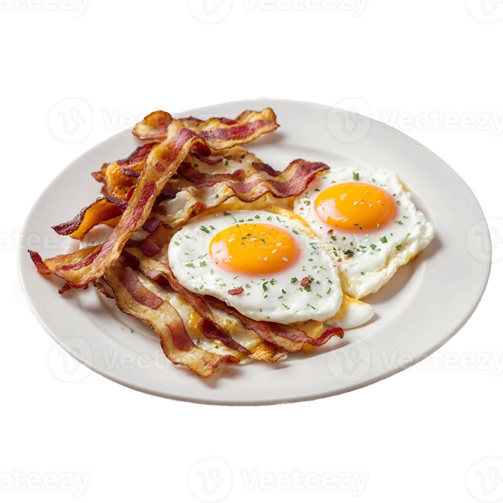 AI generated Plate with two fried eggs and bacon on a table isolated on PNG background.
