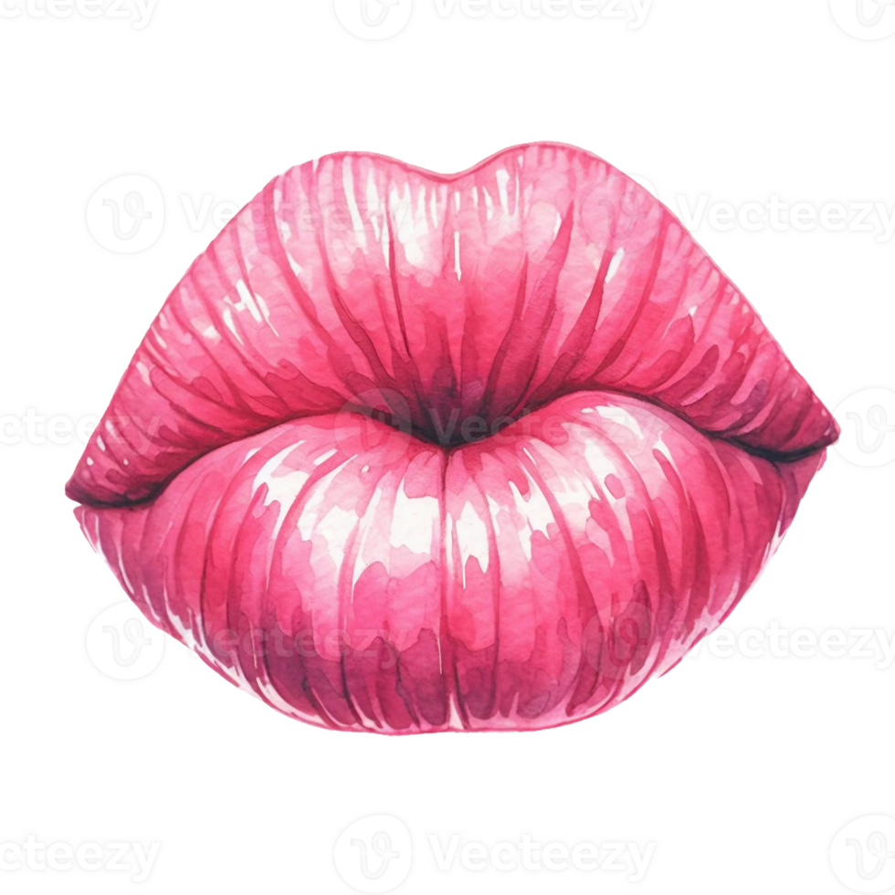 AI generated Watercolor red lips in the shape of  kiss isolated on PNG background.