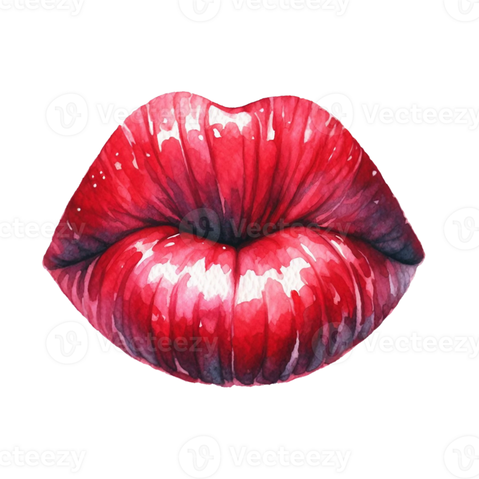 AI generated Watercolor red lips in the shape of  kiss isolated on PNG background.