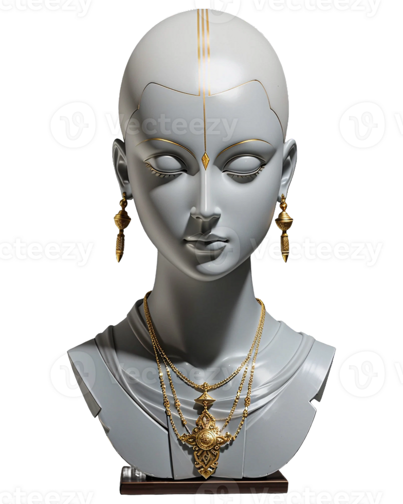 AI generated Gray bust of woman with beautiful gold jewelry isolated on PNG background.