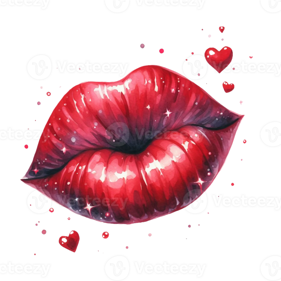 AI generated Watercolor red lips in the shape of  kiss isolated on PNG background.