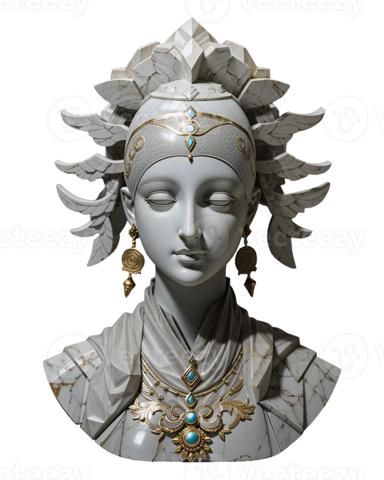 AI generated Gray bust of woman with beautiful gold jewelry isolated on PNG background.