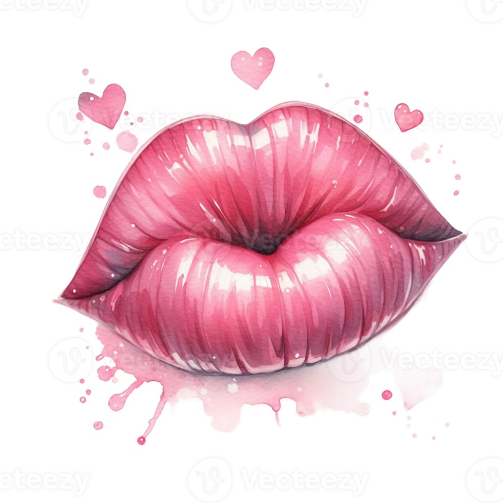 AI generated Watercolor red lips in the shape of  kiss isolated on PNG background.
