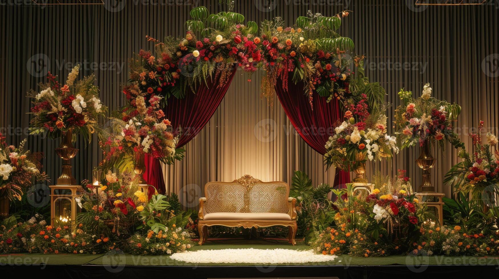 AI generated a romantic wedding stage adorned with delicate flowers, emanating an atmosphere of love and enchantment as couples exchange vows in a breathtaking setting. photo