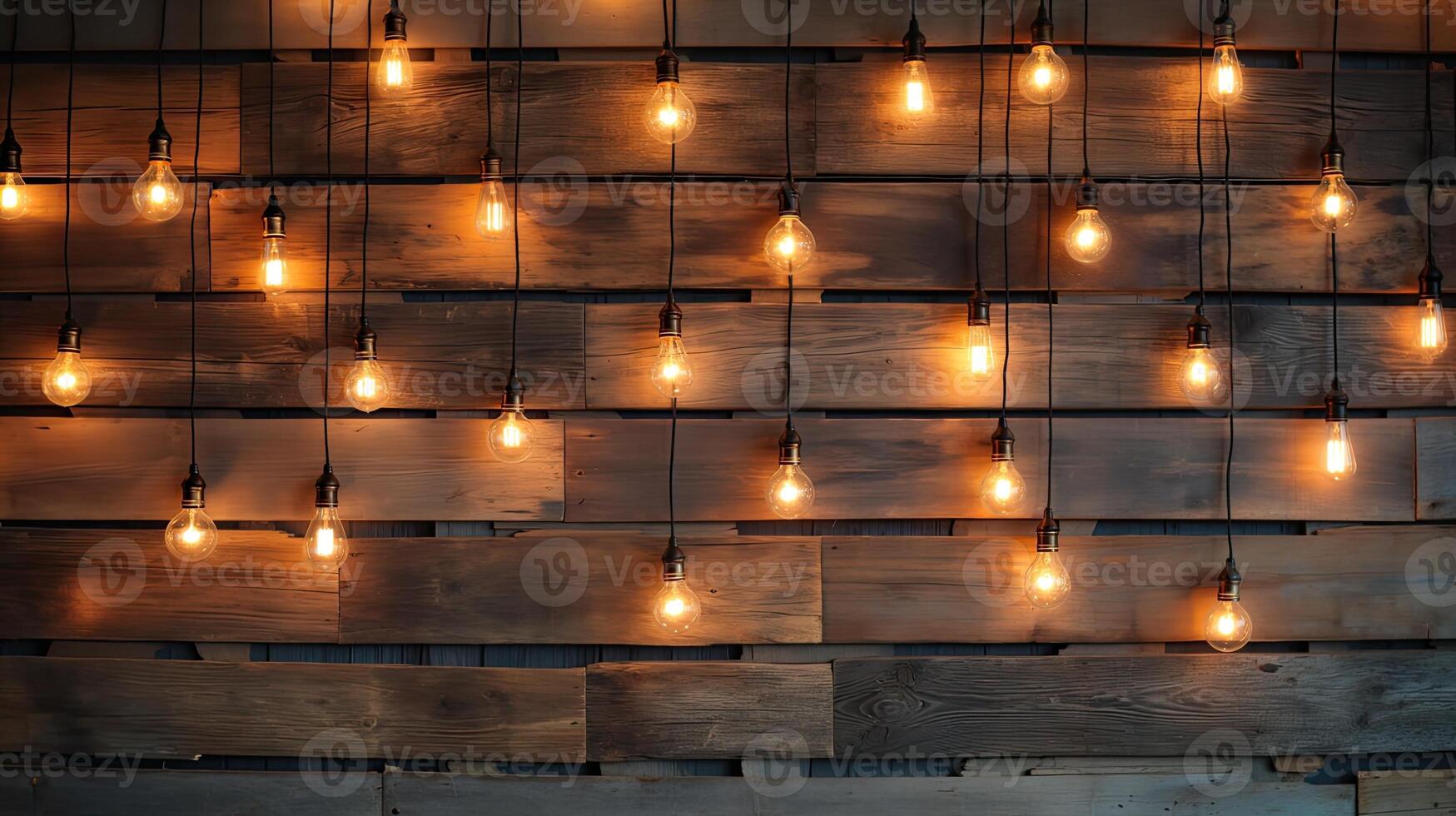 AI generated a wood wall adorned with warm bulb lights, creating a cozy and inviting atmosphere in a living space or cafe setting. photo