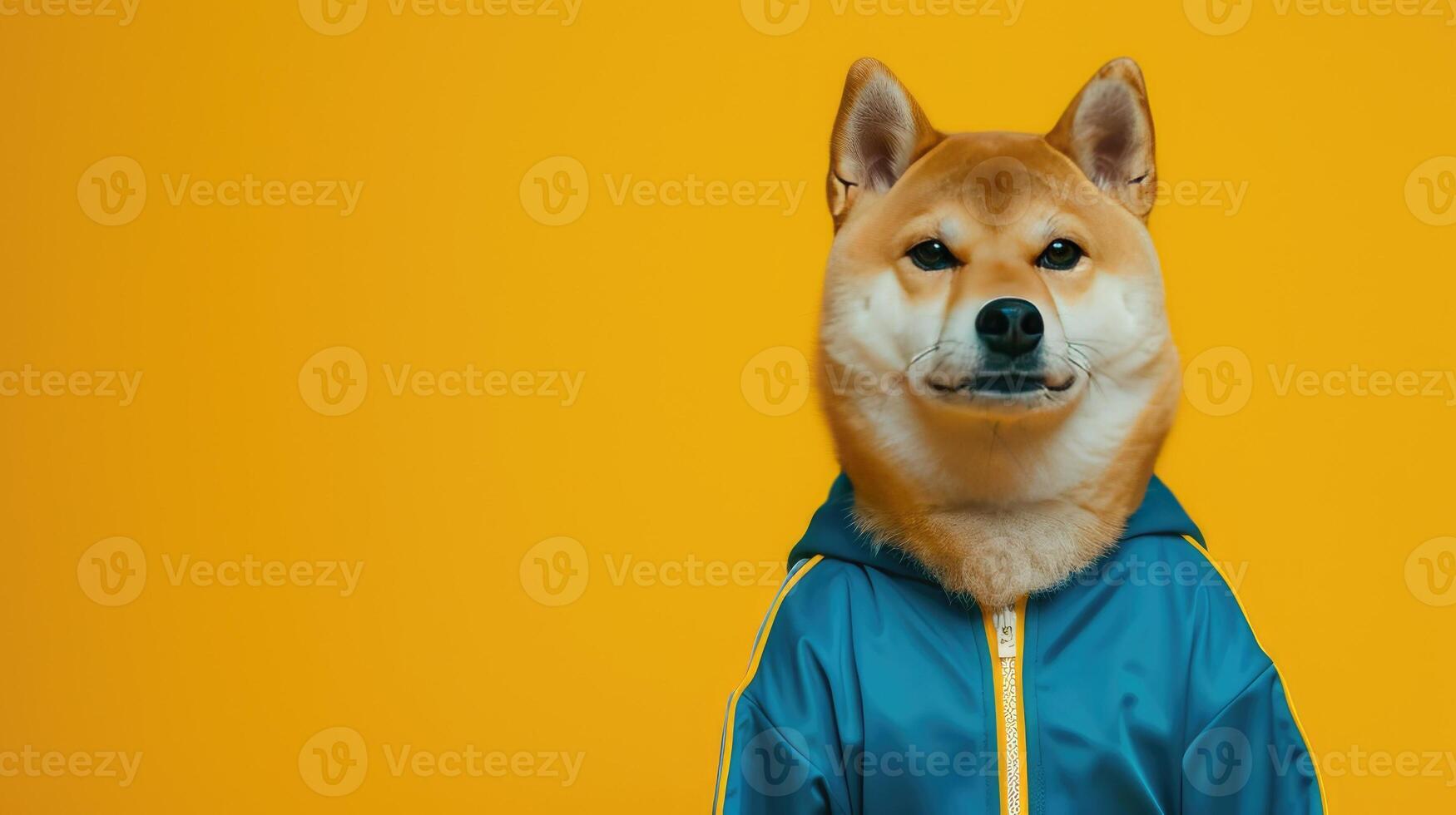AI generated a charismatic fat Shiba Inu strikes a pose in a sleek blue tracksuit, accentuated by bold yellow striping along the sides, creating a cinematic photograph that radiates attitude. photo