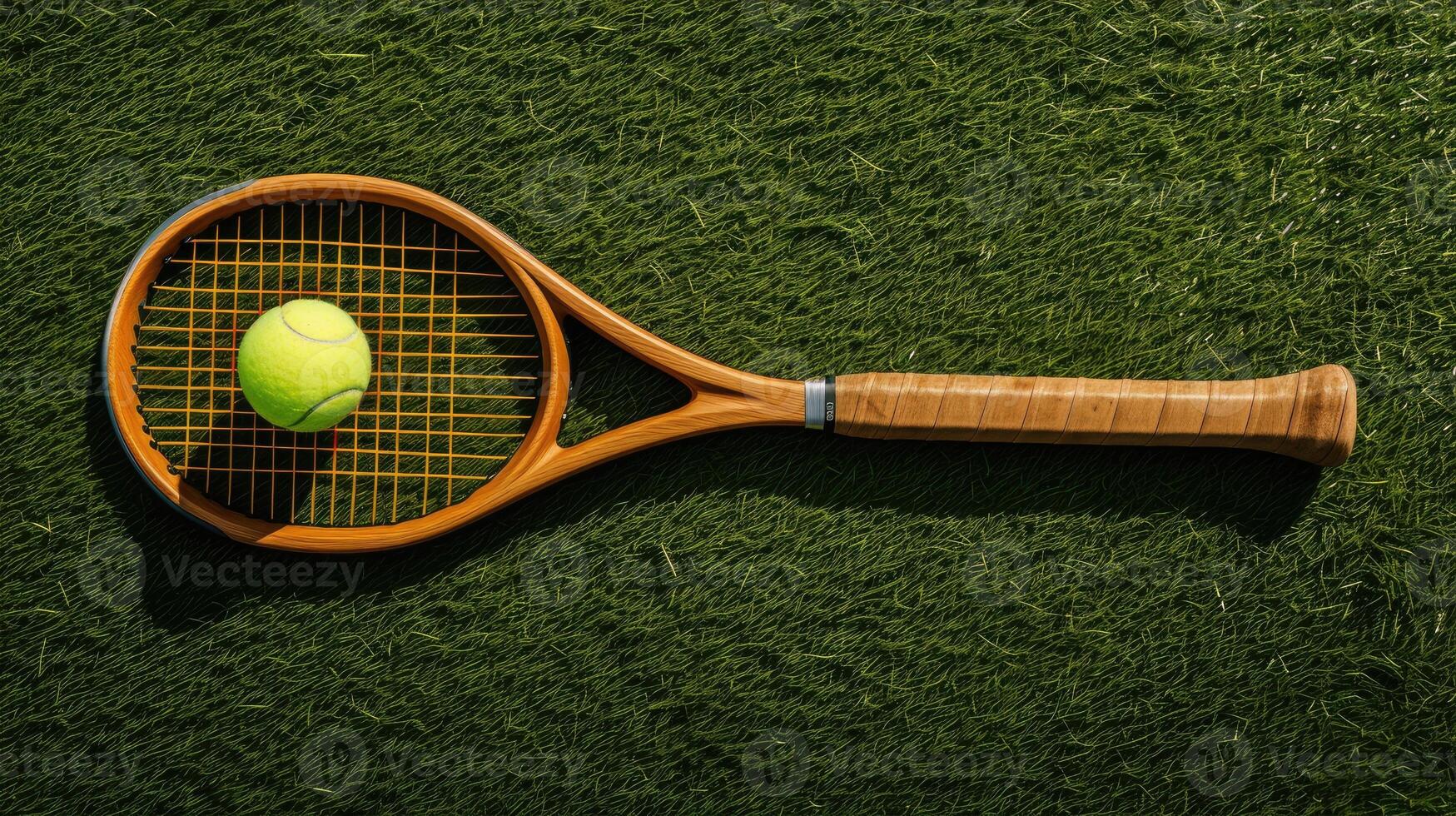AI generated a wooden tennis racket and ball placed on a grass tennis court, executed in a minimalist style, capturing the essence of the sport with simplicity and elegance. photo