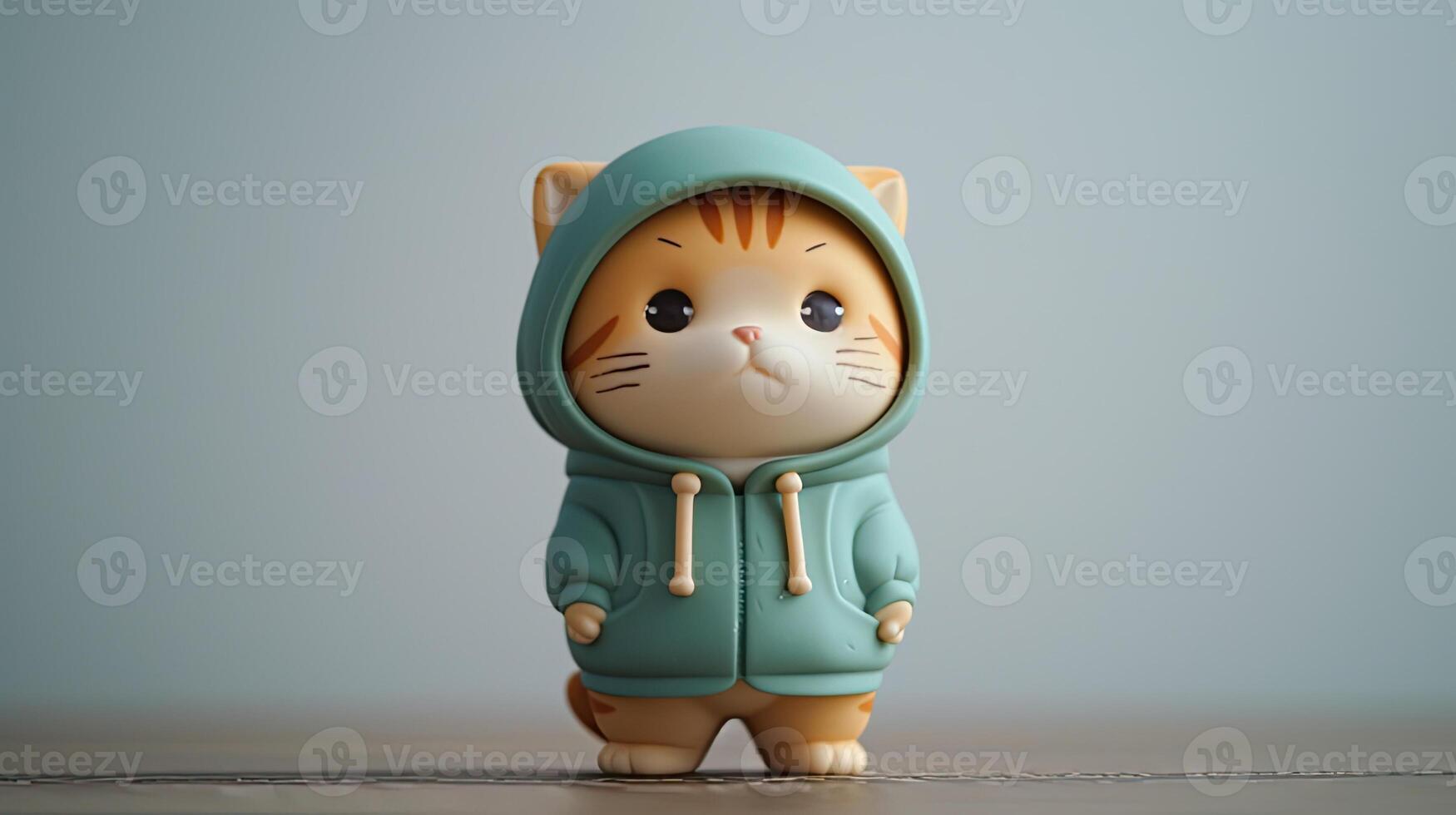 AI generated a cute little cat donning a hoodie, captured in a standing posture against a solid light background, showcasing super-detailed craftsmanship from a main view. photo