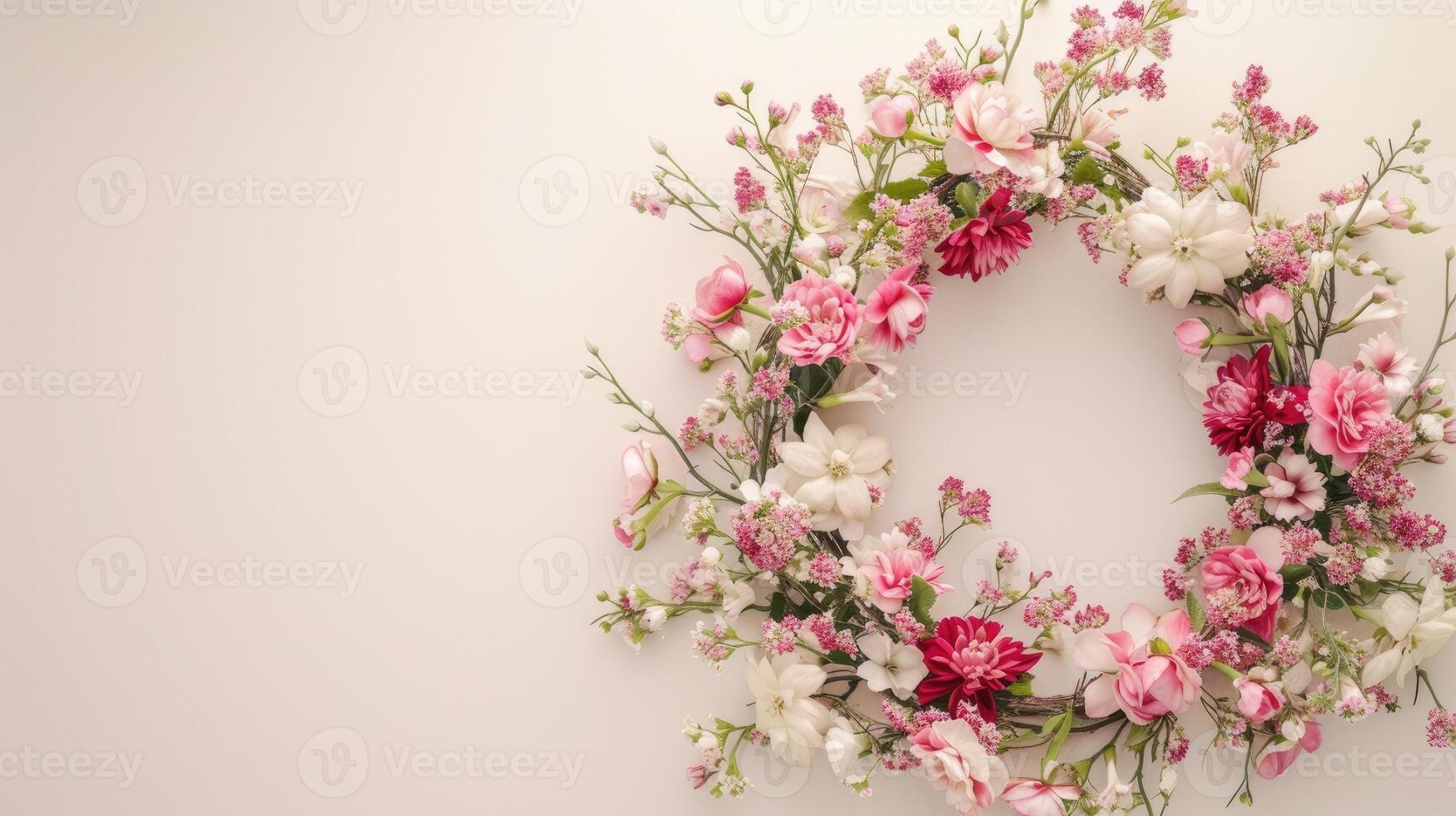 AI generated a floral wreath delicately arranged on a light background, with ample free space for text, perfect for wedding invitations, greeting cards, or announcements, exuding beauty photo