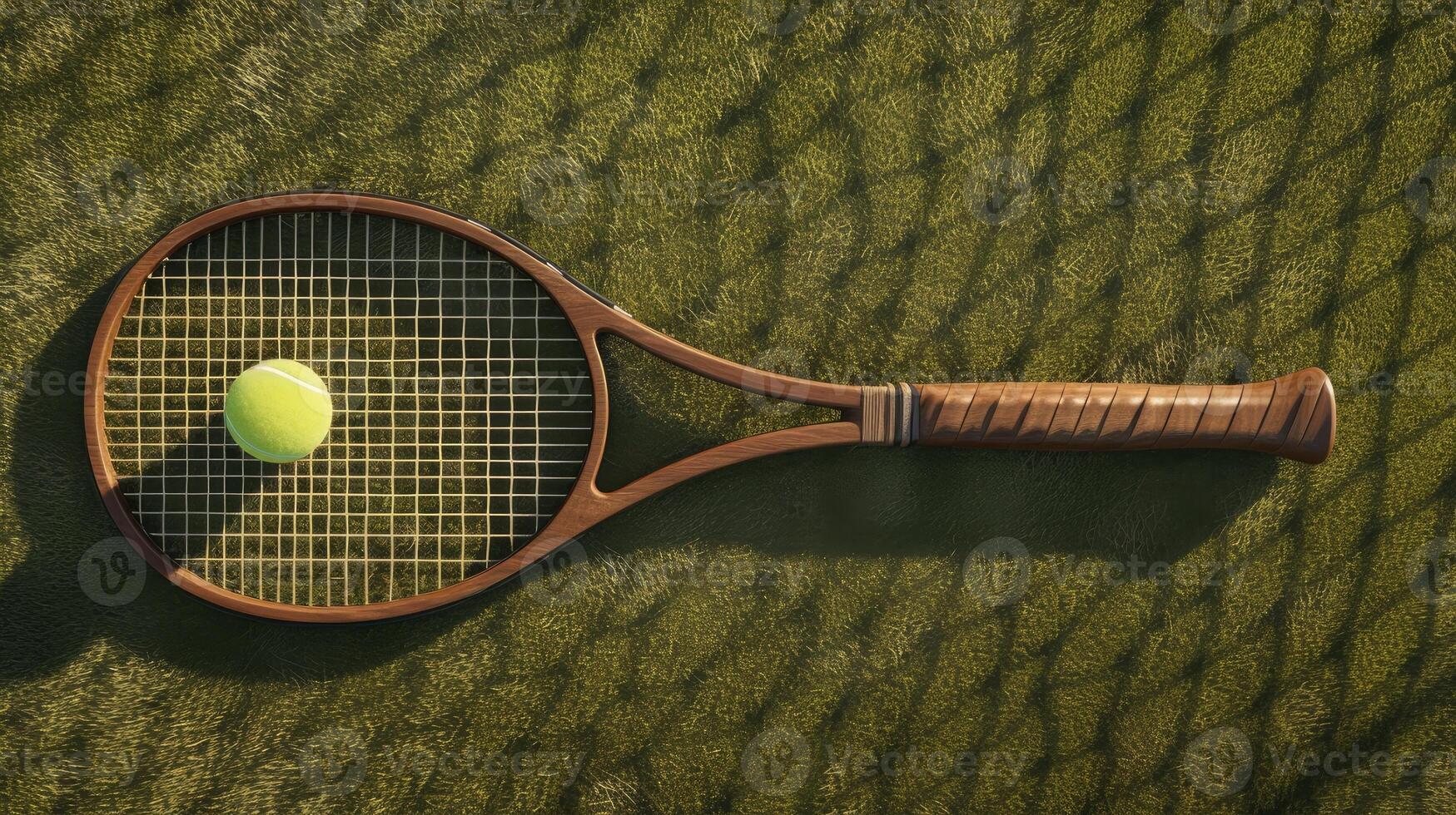 AI generated a wooden tennis racket and ball placed on a grass tennis court, executed in a minimalist style, capturing the essence of the sport with simplicity and elegance. photo