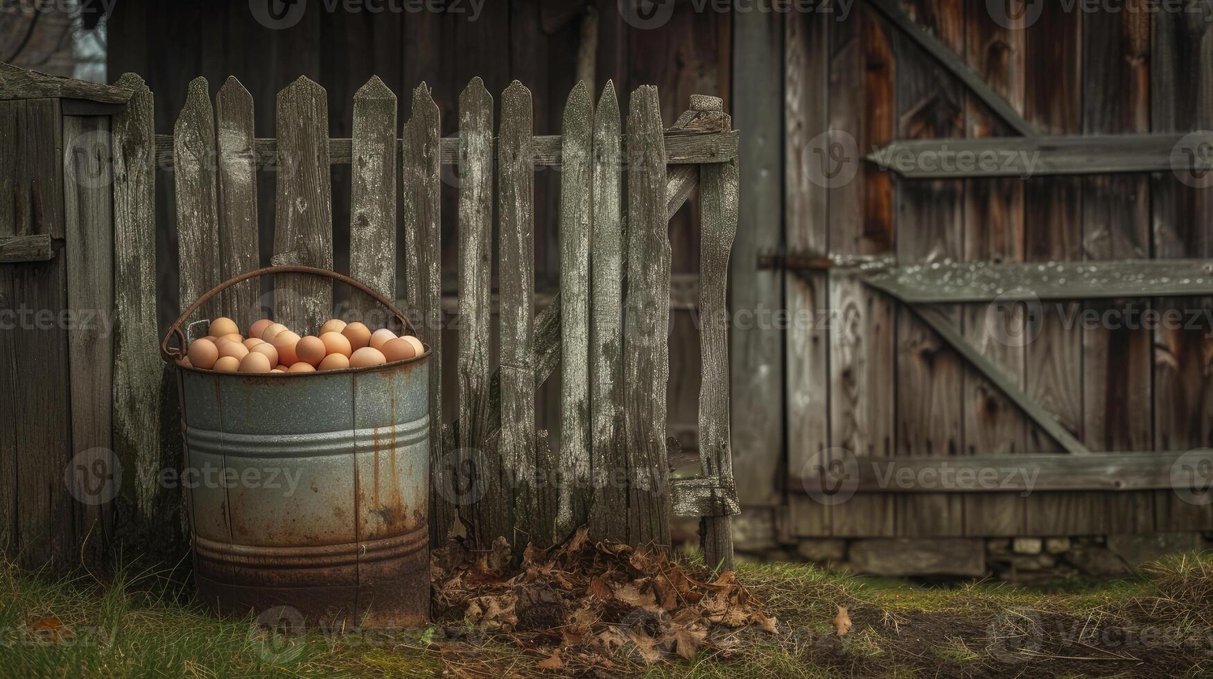 AI Generated a sturdy bucket brimming with freshly collected eggs, nestled beside the picket fence of a rustic chicken coop, epitomizing the charm of country living. photo