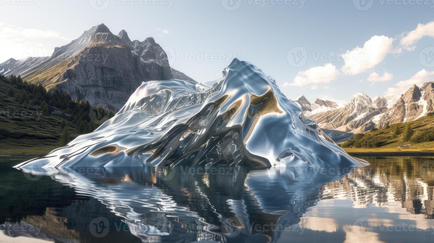 AI generated a mountain landscape crafted entirely from mirrors in a realistic photograph, reflecting the surrounding environment and creating a mesmerizing optical illusion. photo