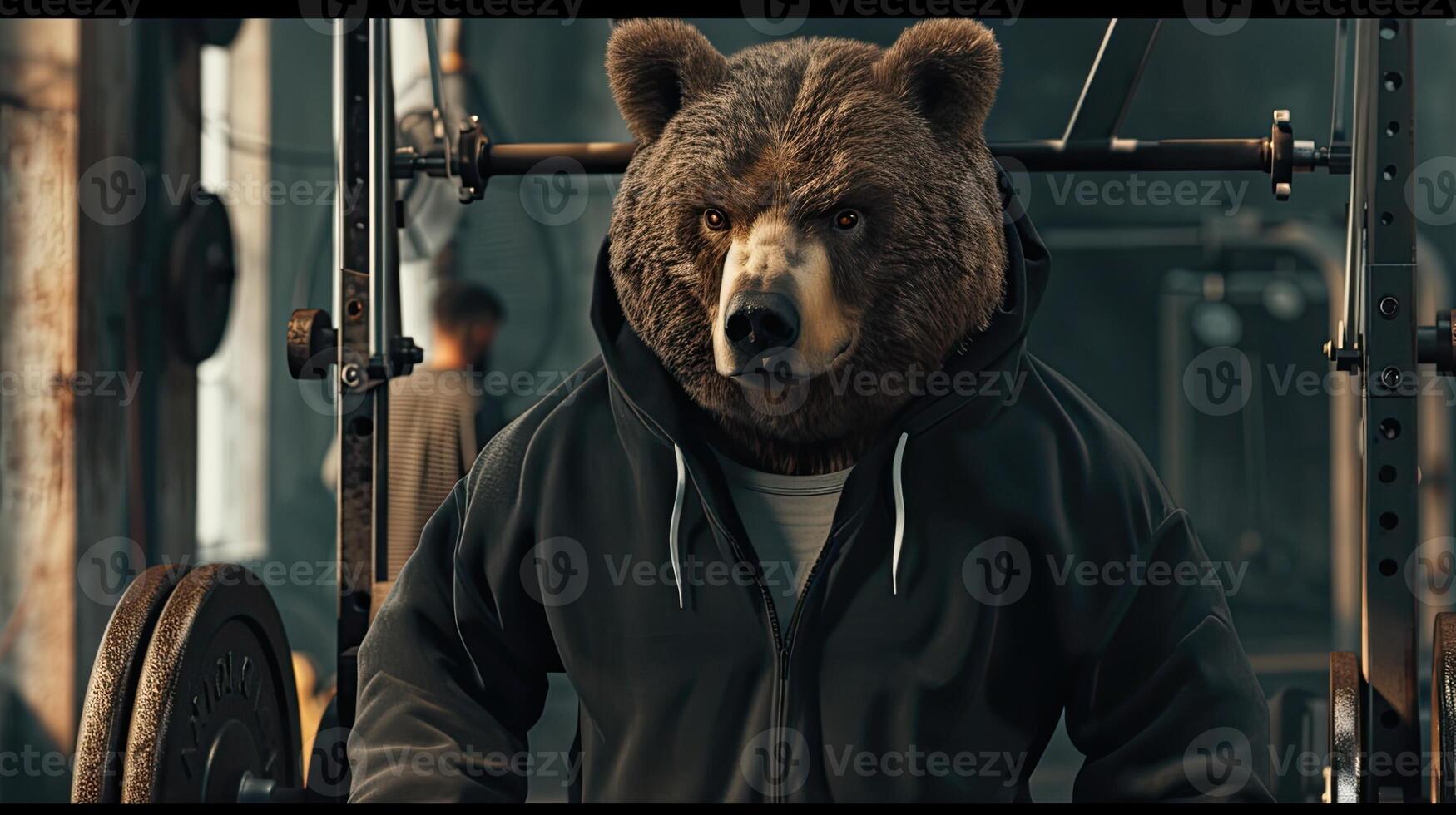 AI generated a bear with fur and brown eyes dons a black hoodie and grey shorts, showcasing strength and determination while lifting heavy weights in the gym, enveloped in an atmosphere of motivation. photo