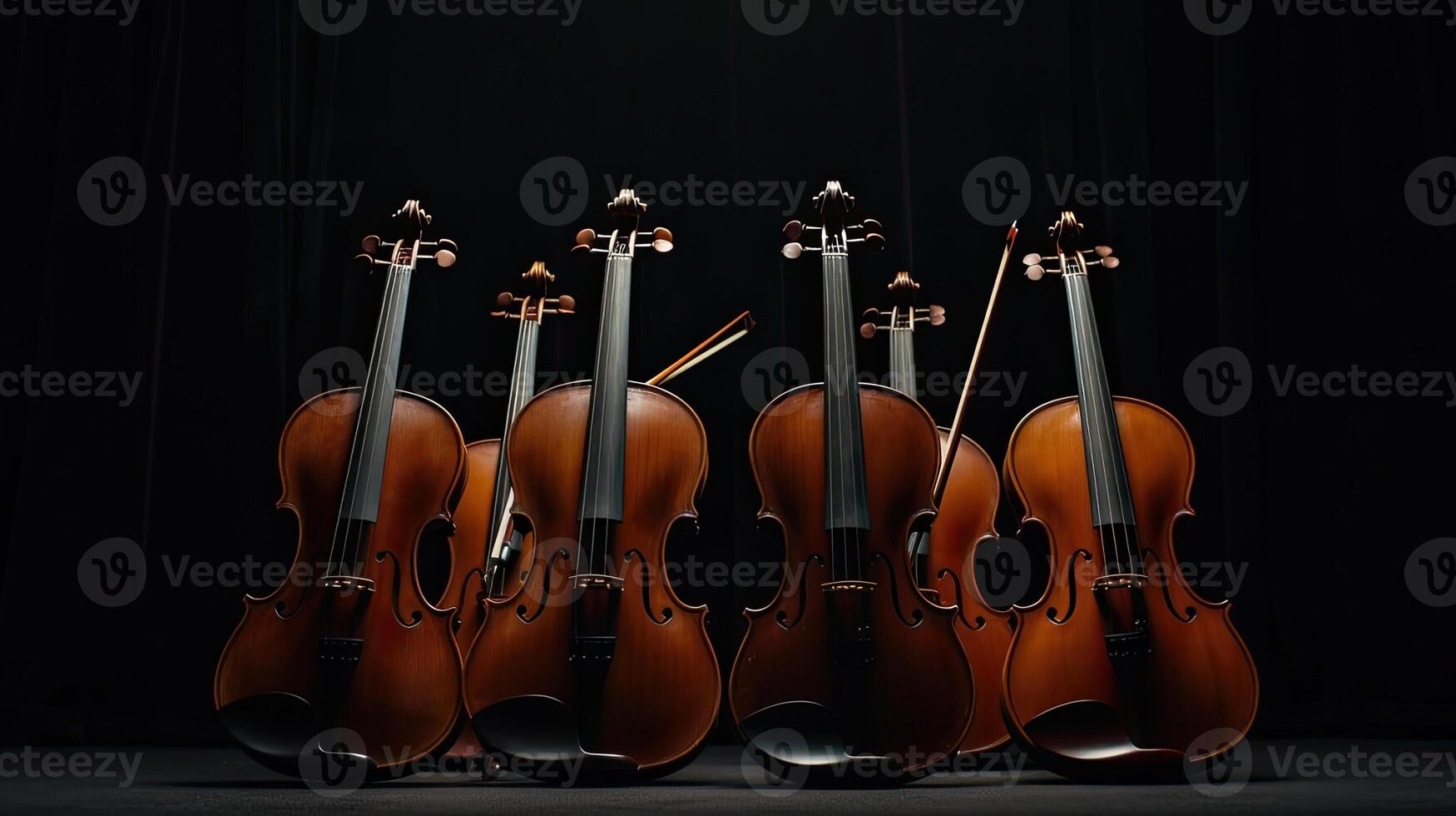 AI generated a violin accompanied by its bow and sheet music, elegantly poised on a black background, with clean lines and natural shadows enhancing its ultra-detailed craftsmanship. photo
