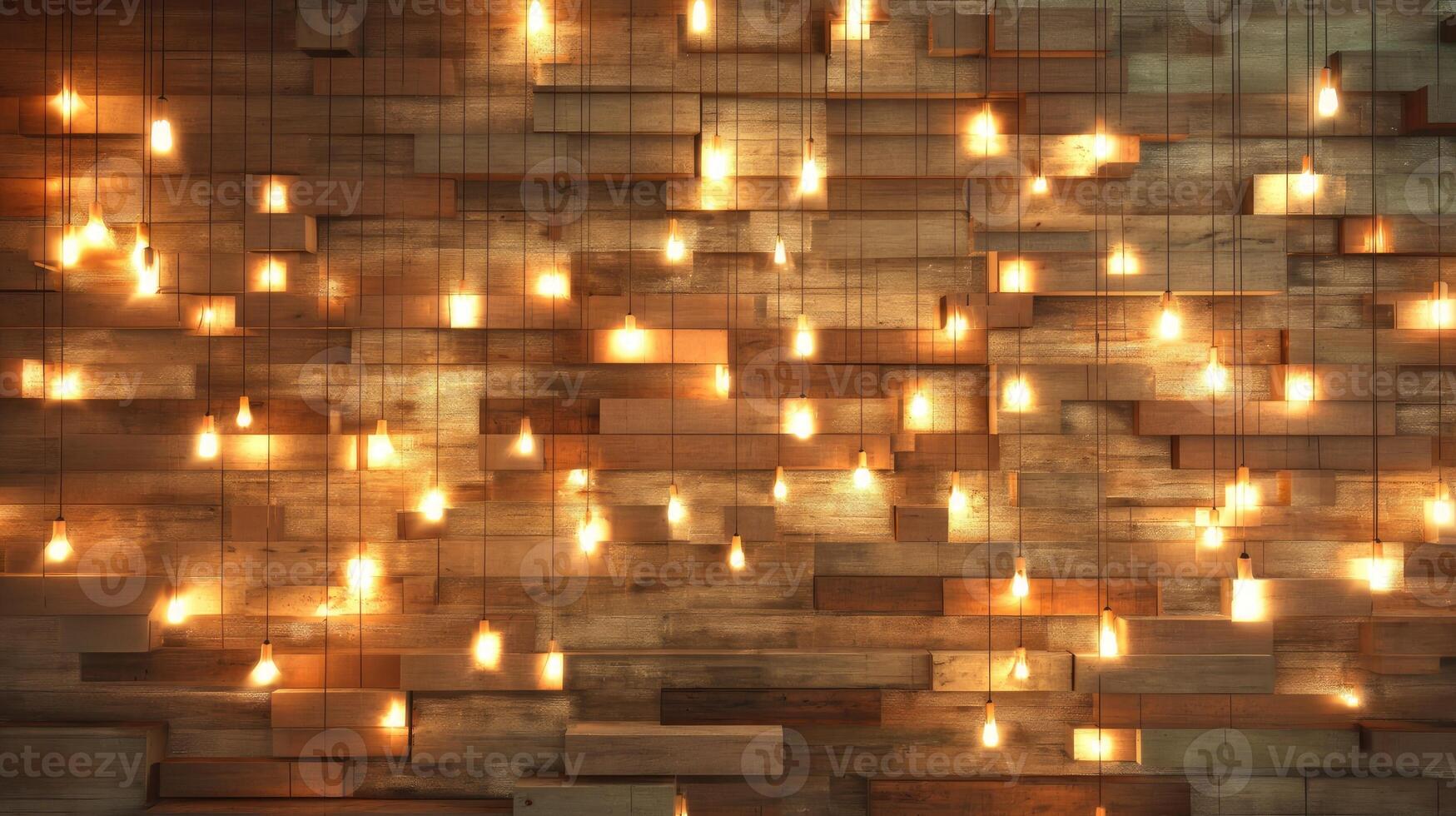 AI generated a wood wall adorned with warm bulb lights, creating a cozy and inviting atmosphere in a living space or cafe setting. photo