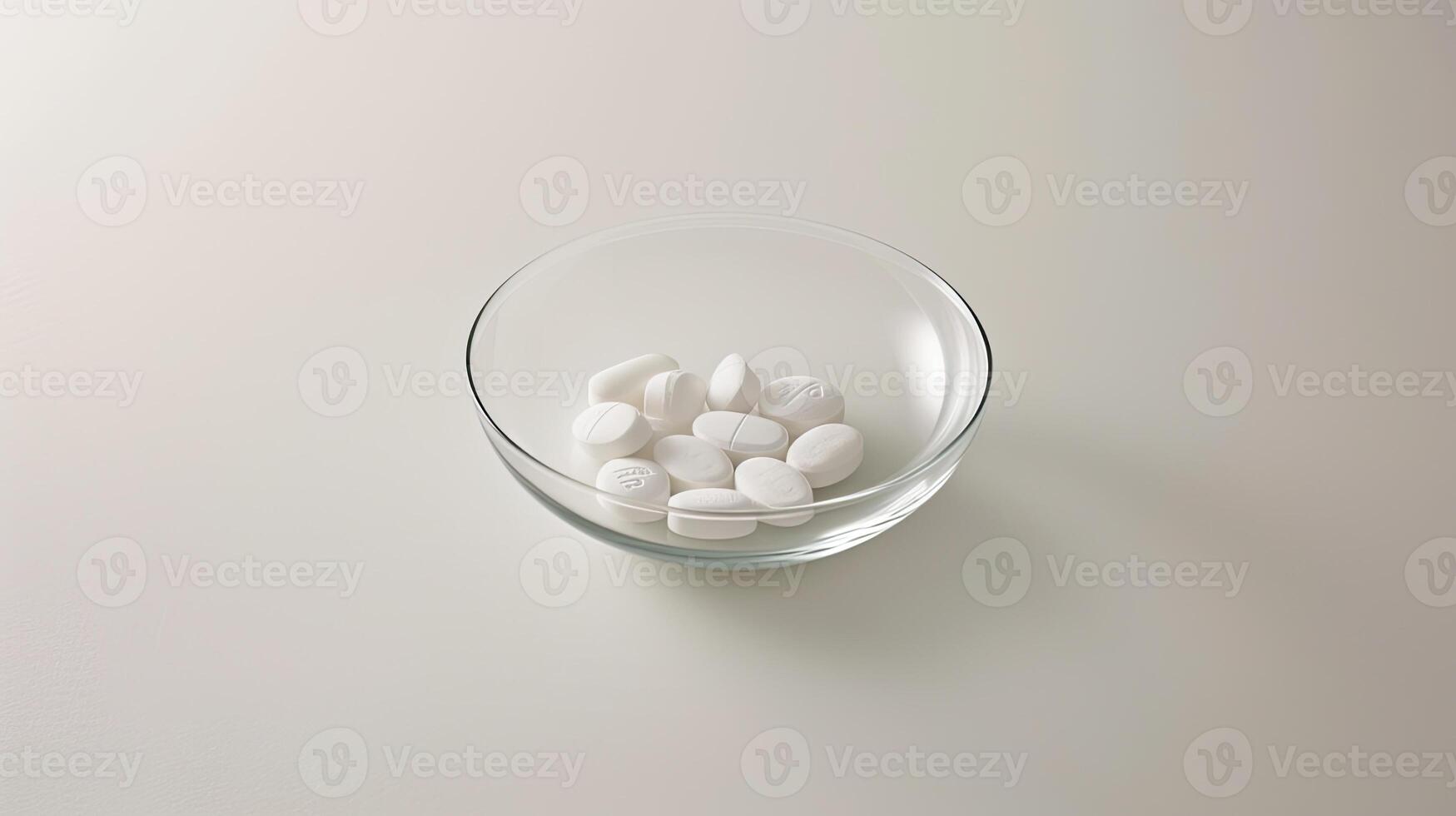 AI generated a medicine tablet placed in a glass bowl against a clean white background, accentuate the texture and form of the tablet, evoking a sense of precision and realism in imagery. photo
