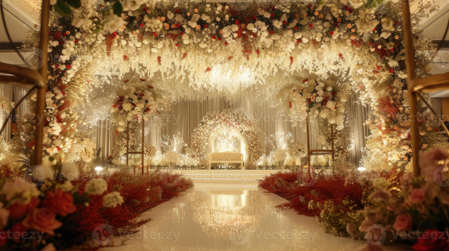 AI generated a romantic wedding stage adorned with delicate flowers, emanating an atmosphere of love and enchantment as couples exchange vows in a breathtaking setting. photo