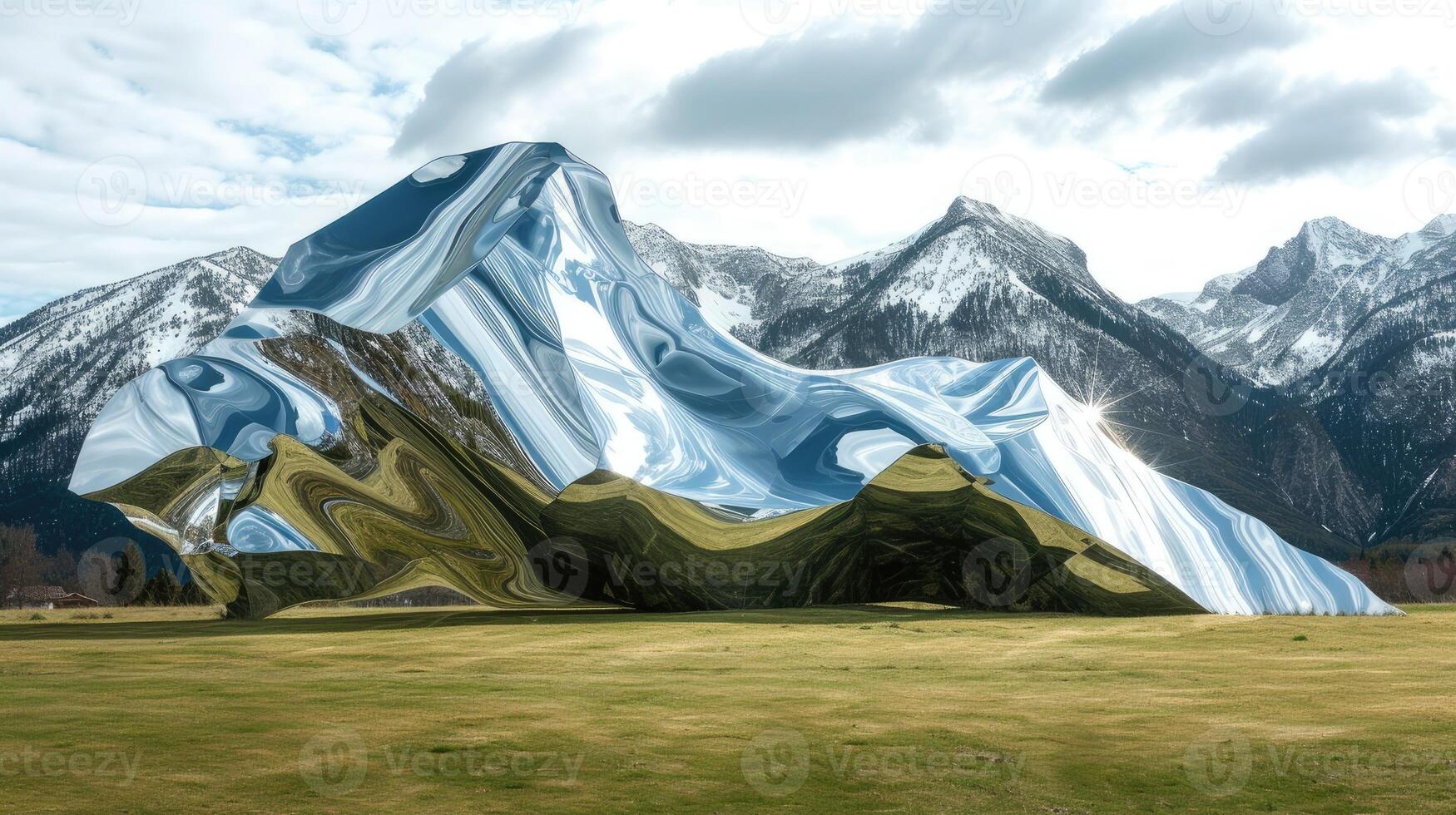 AI generated a mountain landscape crafted entirely from mirrors in a realistic photograph, reflecting the surrounding environment and creating a mesmerizing optical illusion. photo