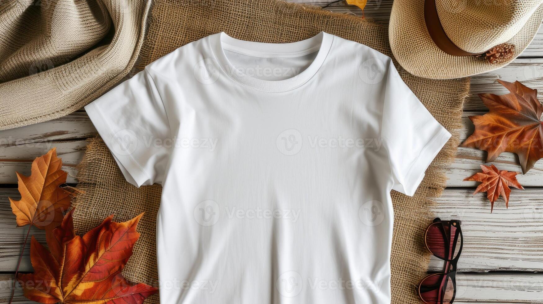 AI generated a white t-shirt mockup with a blank shirt template photo, featuring stylish fall accessories against a rustic burlap background for a trendy and seasonal aesthetic. photo