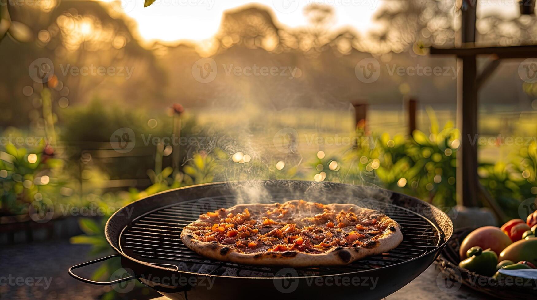 AI generated a sleek Webber grill sizzles with the aroma of pizza being expertly cooked in a picturesque park setting, evoking the ambiance of outdoor culinary delight and camaraderie. photo