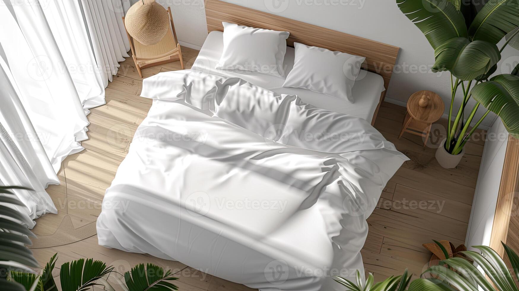 AI generated blank white duvet cover in a coastal-style bedroom setting, captured from a top view perspective, bright colors to evoke a sense of airy relaxation and seaside tranquility. photo