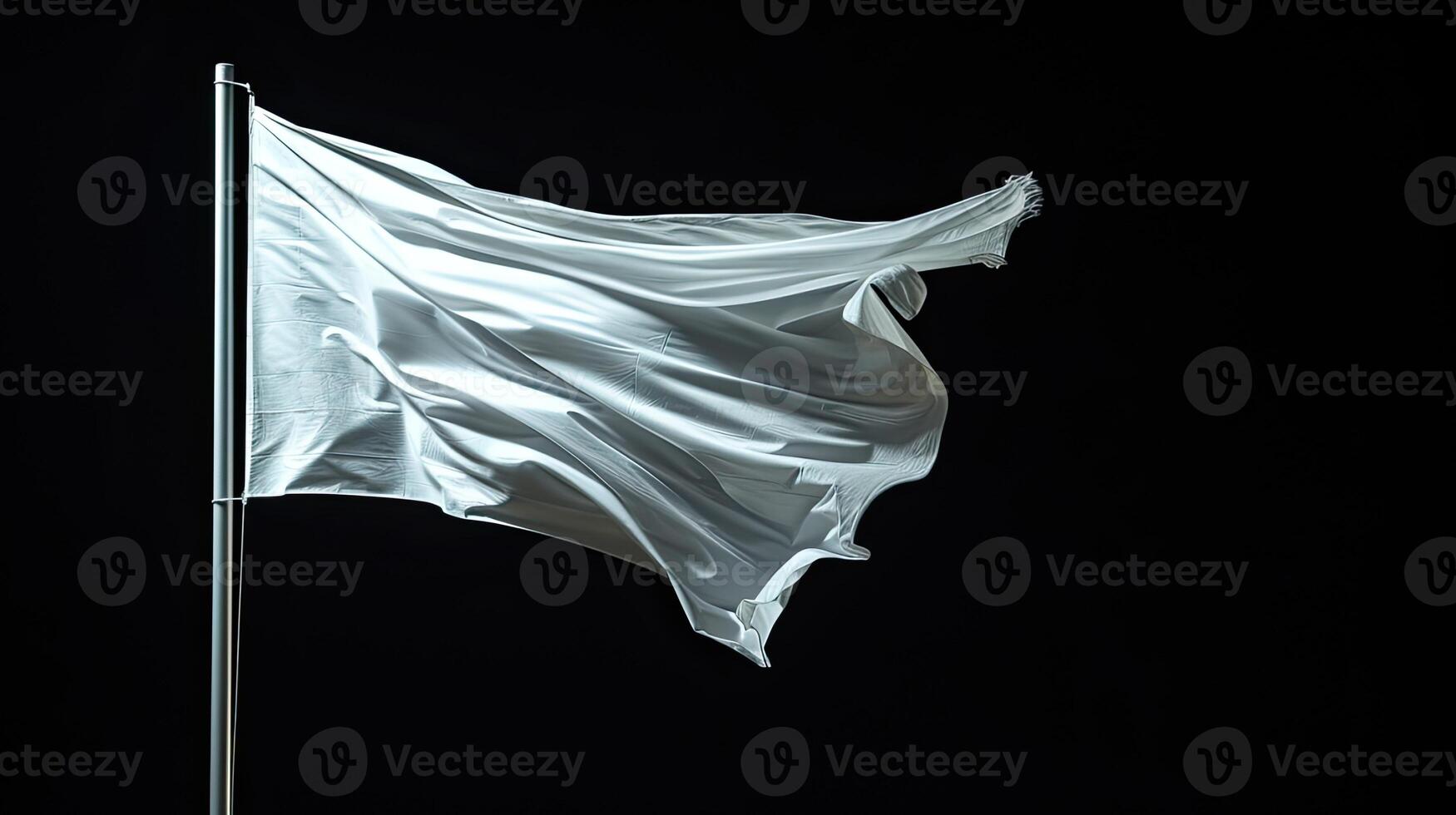 AI generated blank white flag on a flagpole, isolated against a stark black background, conveying a sense of simplicity and purity in its symbolism. photo
