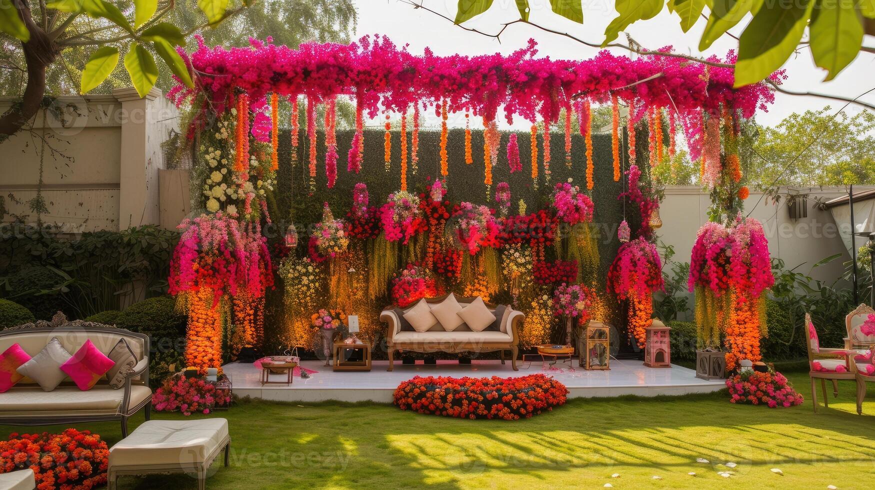 AI generated a romantic wedding stage adorned with delicate flowers, emanating an atmosphere of love and enchantment as couples exchange vows in a breathtaking setting. photo