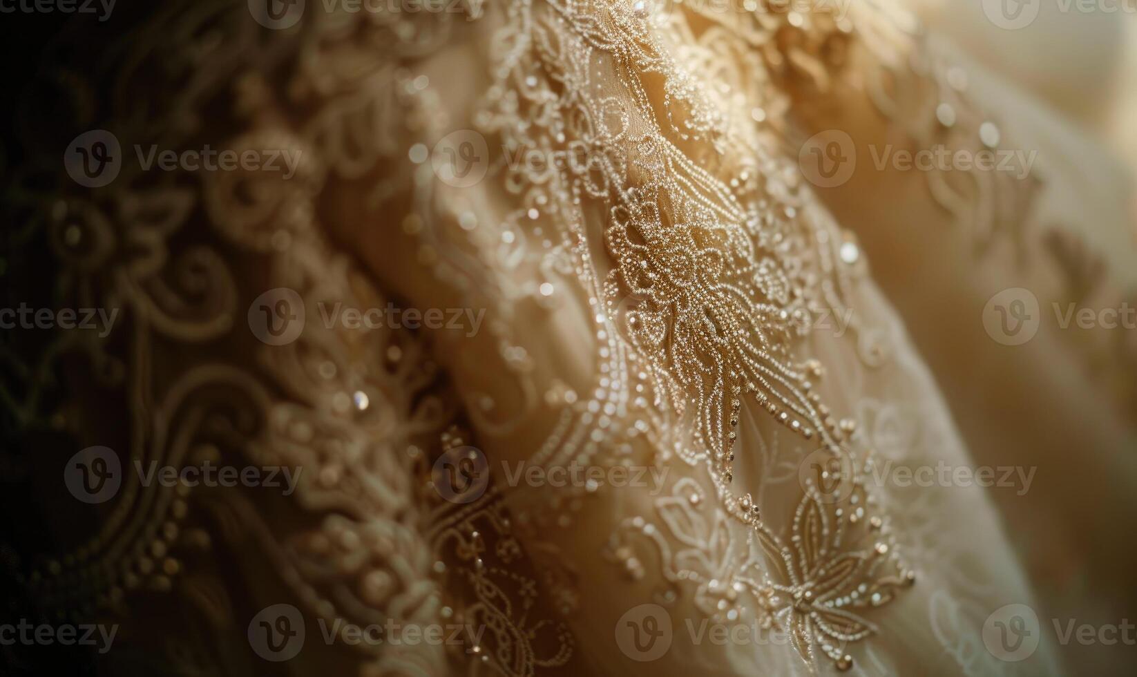 ai generado de cerca de cuentas y lentejuelas en un Boda vestido. Boda vestir en el Mañana luz de sol. cerca arriba de Boda vestir foto