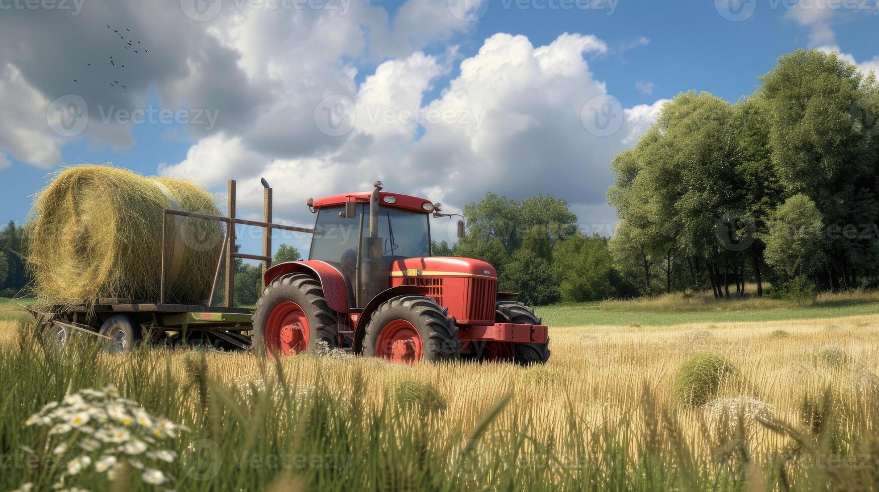 AI generated a farmer operating a tractor to load round hay bales onto a trailer, showcasing the agricultural process of harvesting and transporting straw bales with authentic realism and detail. photo