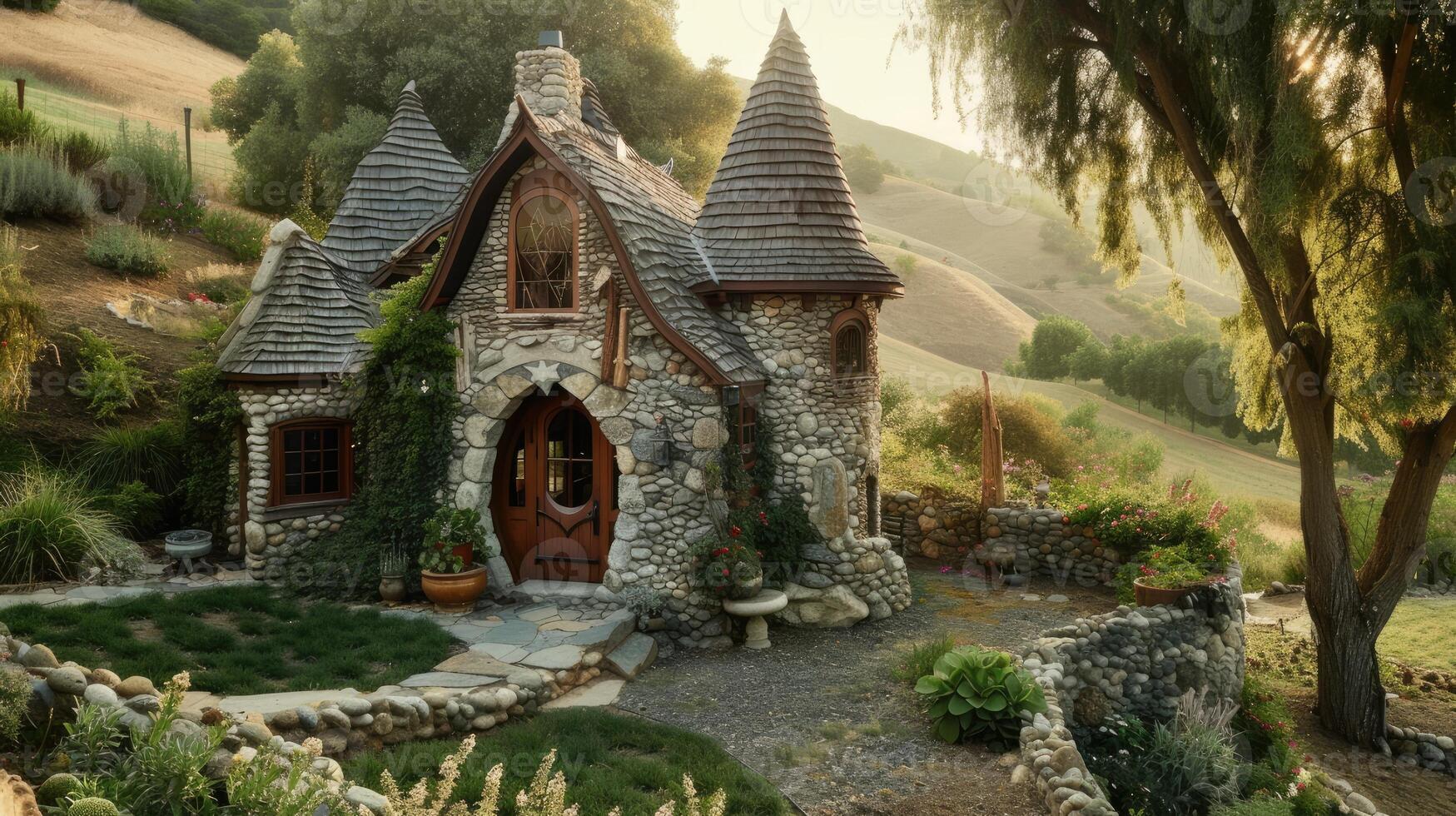 AI generated a small house cleverly designed to resemble a castle, nestled amidst rolling hills and surrounded by whimsical gardens, invoking a sense of fairy-tale charm. photo