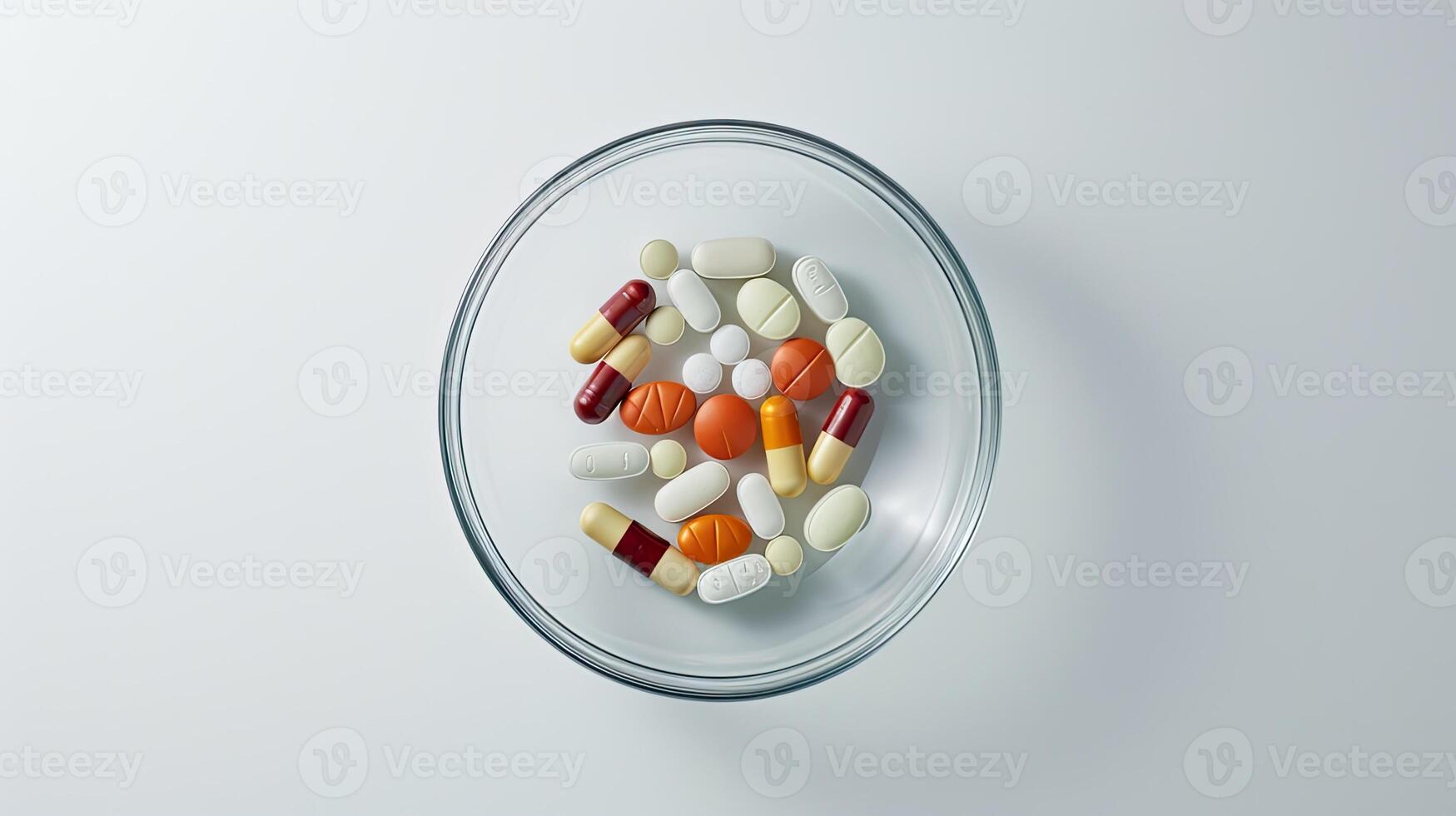 AI generated a medicine tablet placed in a glass bowl against a clean white background, accentuate the texture and form of the tablet, evoking a sense of precision in pharmaceutical imagery. photo