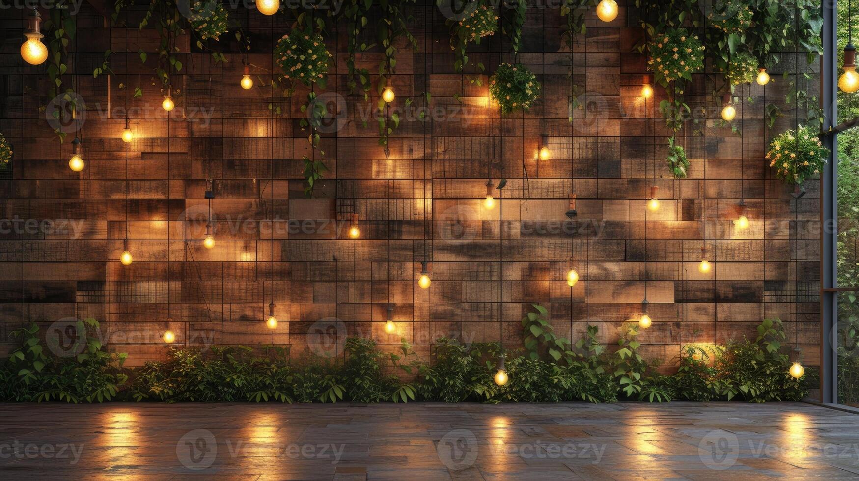 AI generated a wood wall adorned with warm bulb lights, creating a cozy and inviting atmosphere in a living space or cafe setting. photo