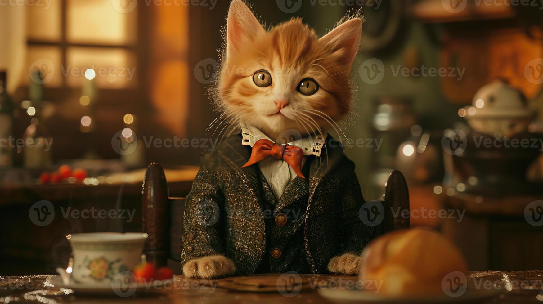 AI Generated an animated kitten exuding sophistication in its attire, portrayed in hyper-realistic detail photo