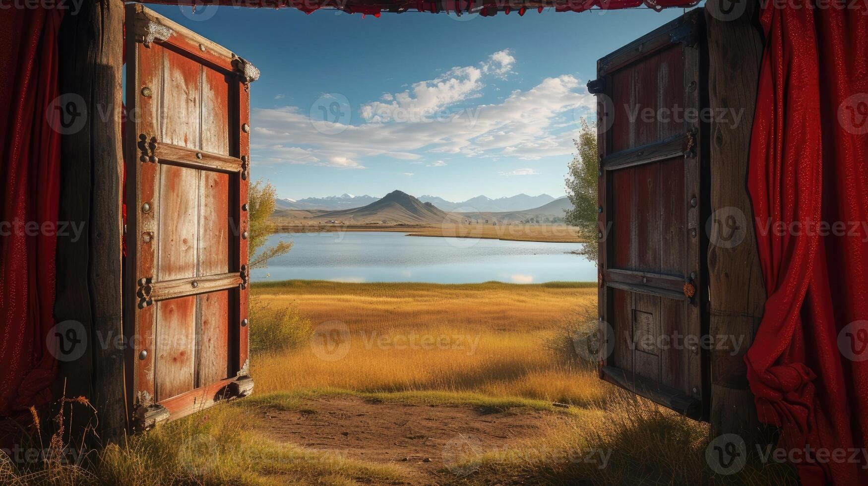 AI generated Mongolian landscapes through a frame within a frame composition, where the silhouette of a yurt gate frames a distant view of grasslands, a lake, and majestic mountains. photo