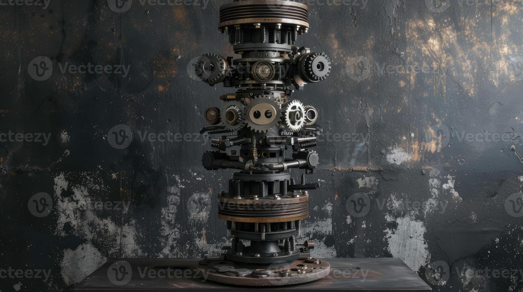 AI generated drum brakes, gears, and assorted metal components artfully displayed on a pedestal, against a grey, oxidized background, evoking an industrial ambiance that celebrates precision photo